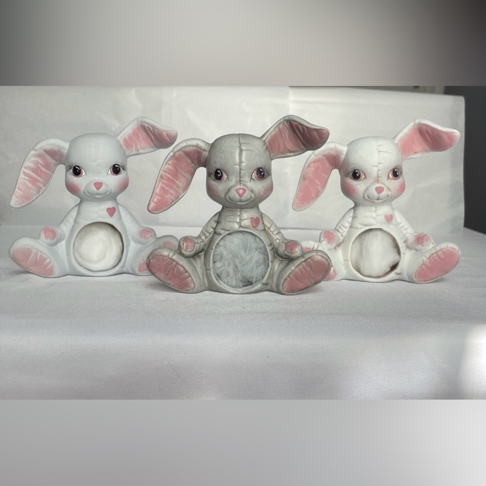 Vintage Easter Bunny Set 3 Decor Figurines Hand Painted Ceramic Cotton In Bellys